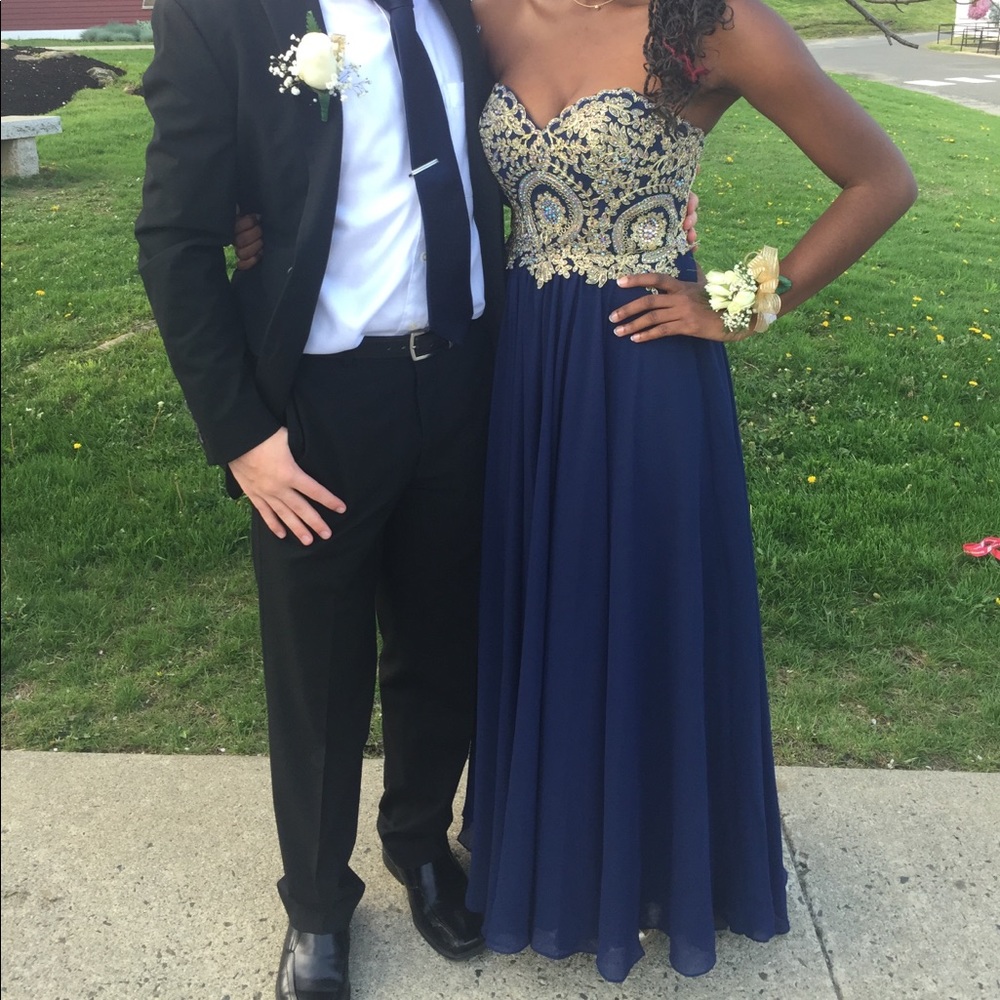 Blue Long Prom Dress with Gold Accents